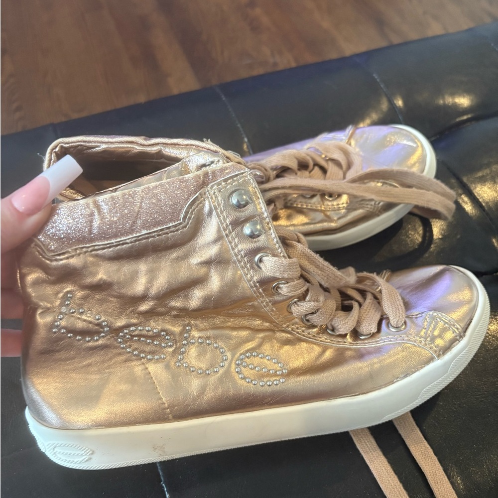 bebe Metallic Rose Gold High-Top Sneakers with Crystal Logo - Picture 6 of 8